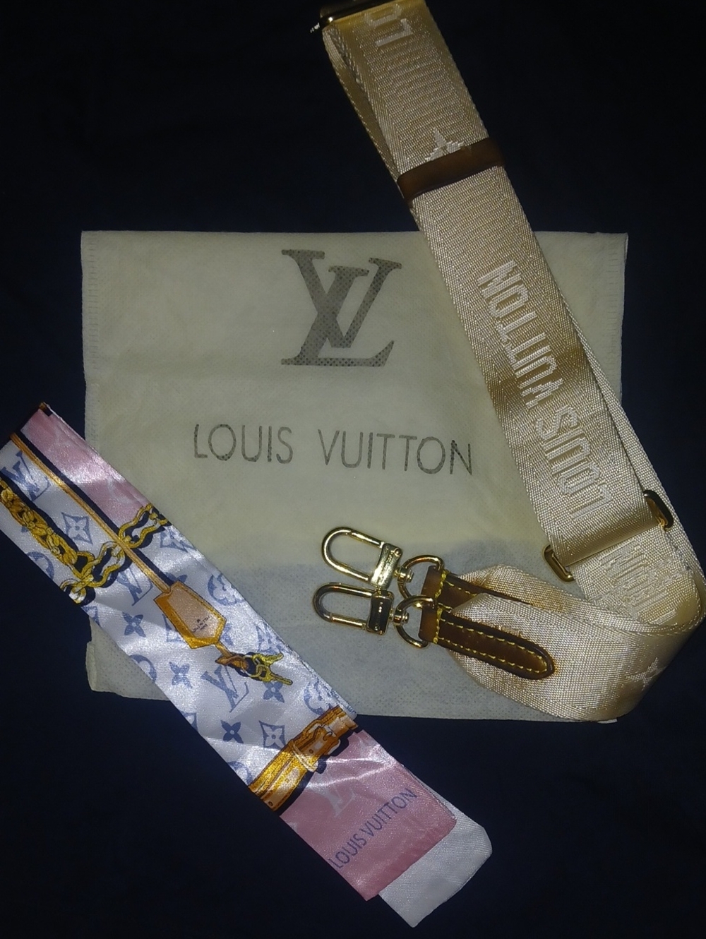 Louis Vuitton Beige Canvas Strap with Pink and White Silk Twilly